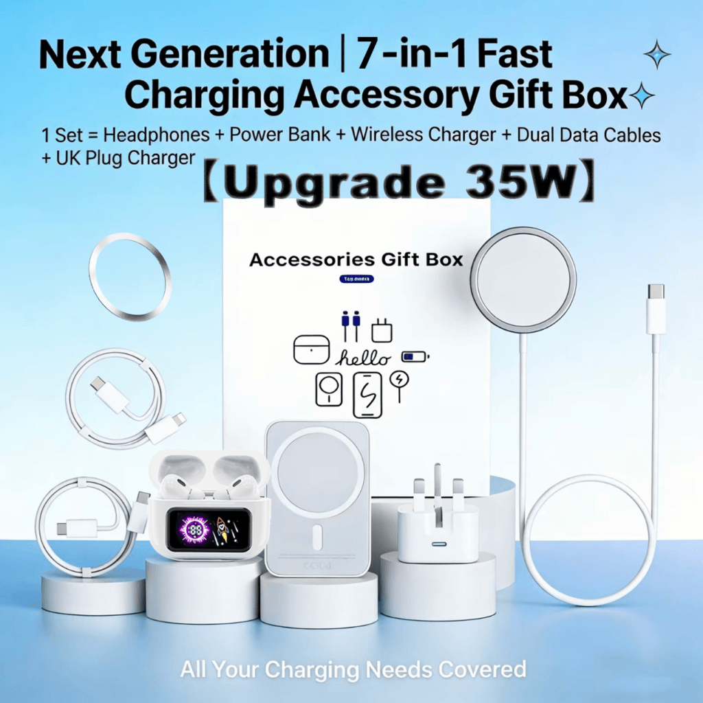 Mobile accessory set: Power Bank, Headphones, Charger and Data Cable, Magnetic Charging.