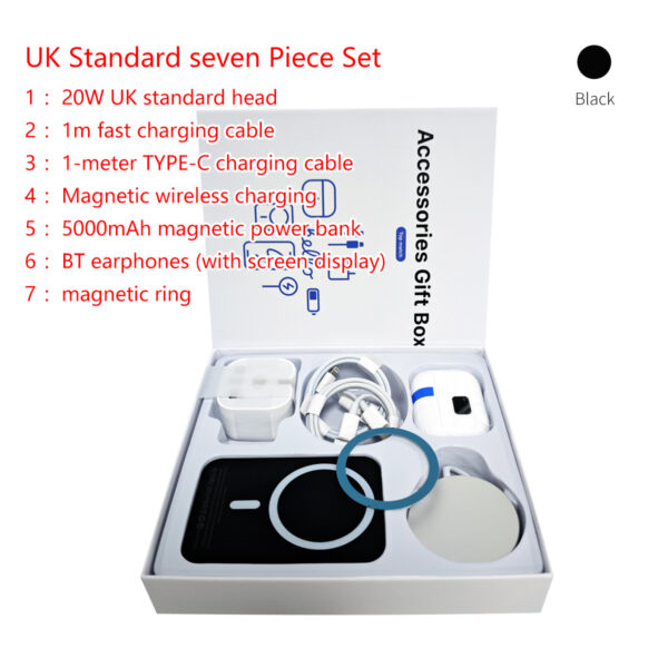 Six-in-One Mobile Accessories Set - Black, Portable Charger, Headphones, Magnetic Charging Adapter