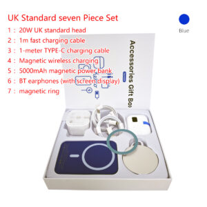 Six-in-One Mobile Accessories Set - Blue, Portable Charger, Headphones, Magnetic Charging Adapter