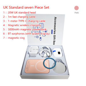 Six-in-One Mobile Accessories Set - Pink, Portable Charger, Headphones with Magnetic Charging Base