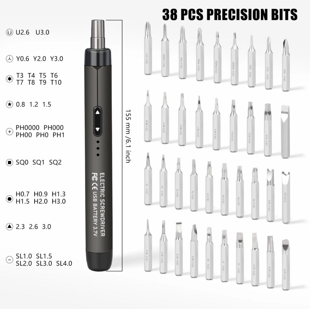 Organized multi-category bit system including U-type, Y-type, T-type, Phillips, hex, Torx, square, and slotted heads for complex device disassembly.