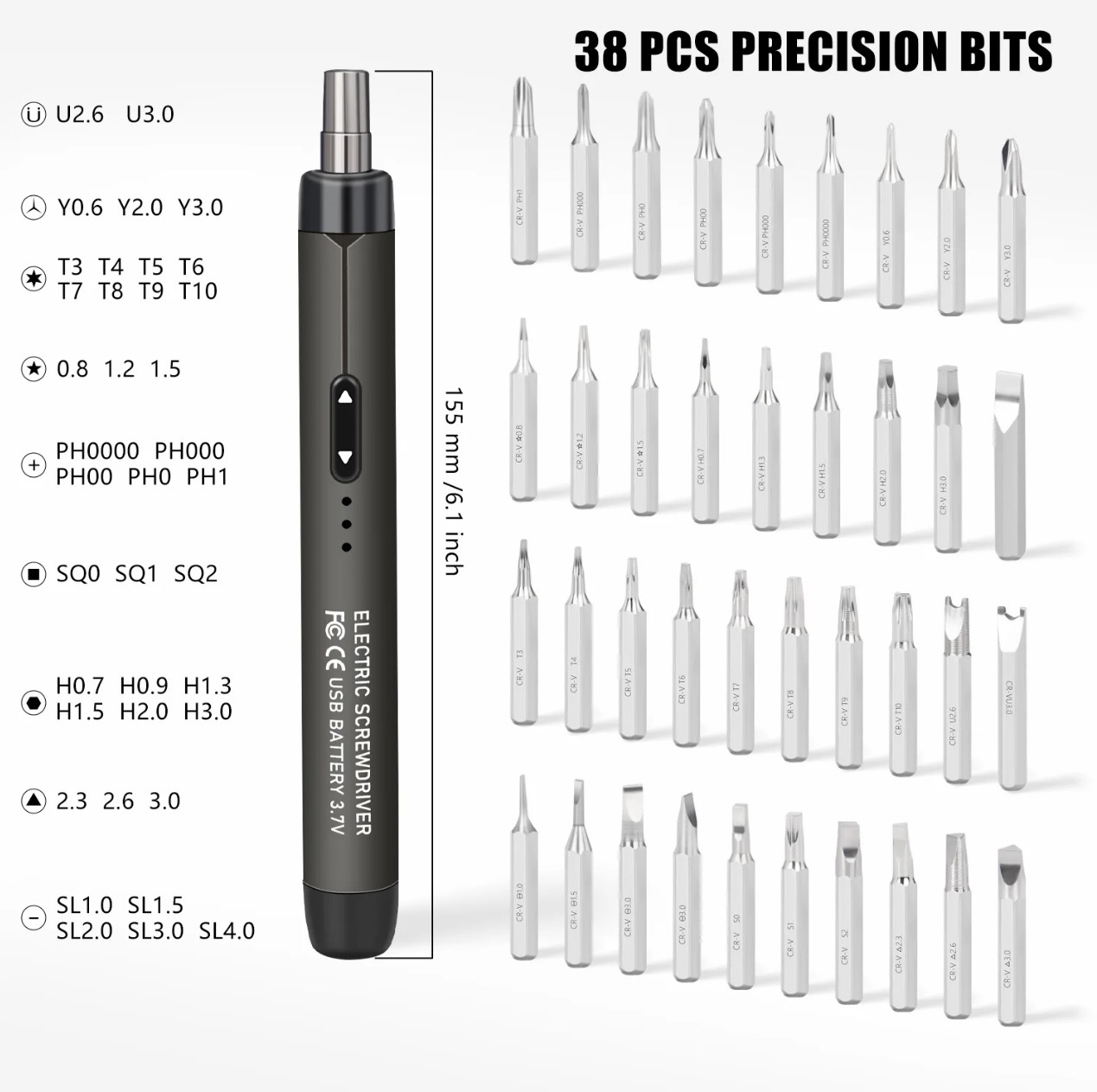 Organized multi-category bit system including U-type, Y-type, T-type, Phillips, hex, Torx, square, and slotted heads for complex device disassembly.