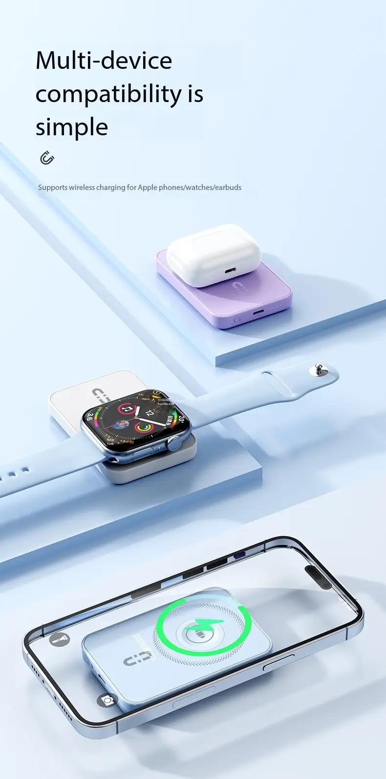 Designed for modern digital lifestyles, this 3-in-1 charging system allows multiple devices to be powered at the same time. You can charge your smartphone wirelessly, power your smartwatch, and recharge your earbuds simultaneously. This eliminates cable clutter and simplifies your daily charging routine, making it a perfect companion for busy users who rely on multiple smart devices.