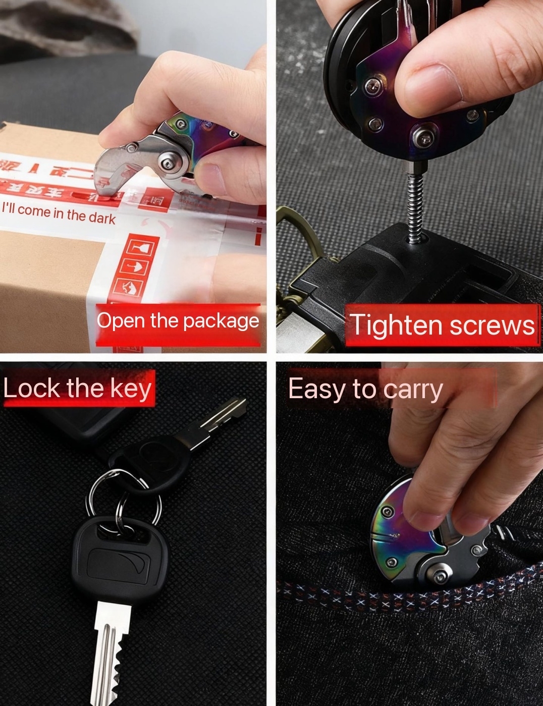 This keychain multi tool features a hidden folding blade design that adds extra functionality while maintaining a compact and portable form.