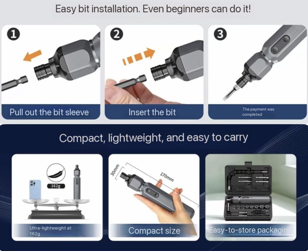 upgraded 38-in-1 Electric Screwdriver Set is designed with a highly efficient magnetic bit system that significantly improves usability and working speed. Each precision bit features strong magnetic adsorption, allowing quick attachment and stable fixation during operation. This ensures screws are firmly held in place, reducing the risk of dropping or losing tiny components during delicate repair tasks.