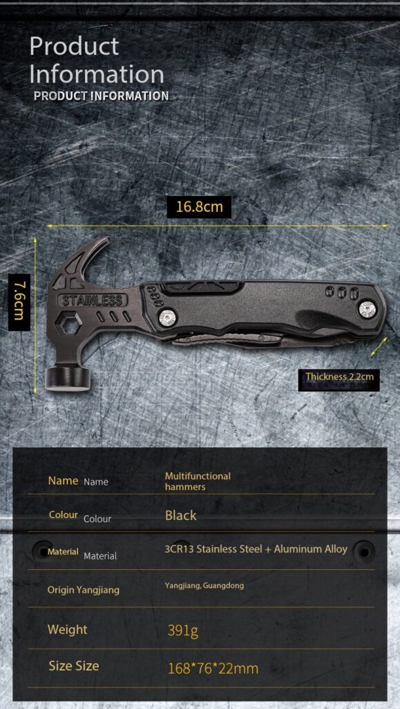 Have you ever needed a screwdriver, pliers, knife, or bottle opener but couldn’t find the right tool at the moment you needed it? Traditional toolboxes may contain everything, but they are usually bulky and inconvenient to carry. Small single-purpose tools are easy to carry but often cannot handle different situations. This folding multifunction hammer changes the way everyday tools are carried and used. It combines multiple practical tools into one compact folding design, including hammer, pliers, knife, screwdriver, wire cutter, bottle opener, hex wrench, and bit holder functions. Instead of carrying multiple separate tools, you can keep this compact multitool ready for everyday repairs, outdoor activities, camping, hiking, travel, and emergency situations.