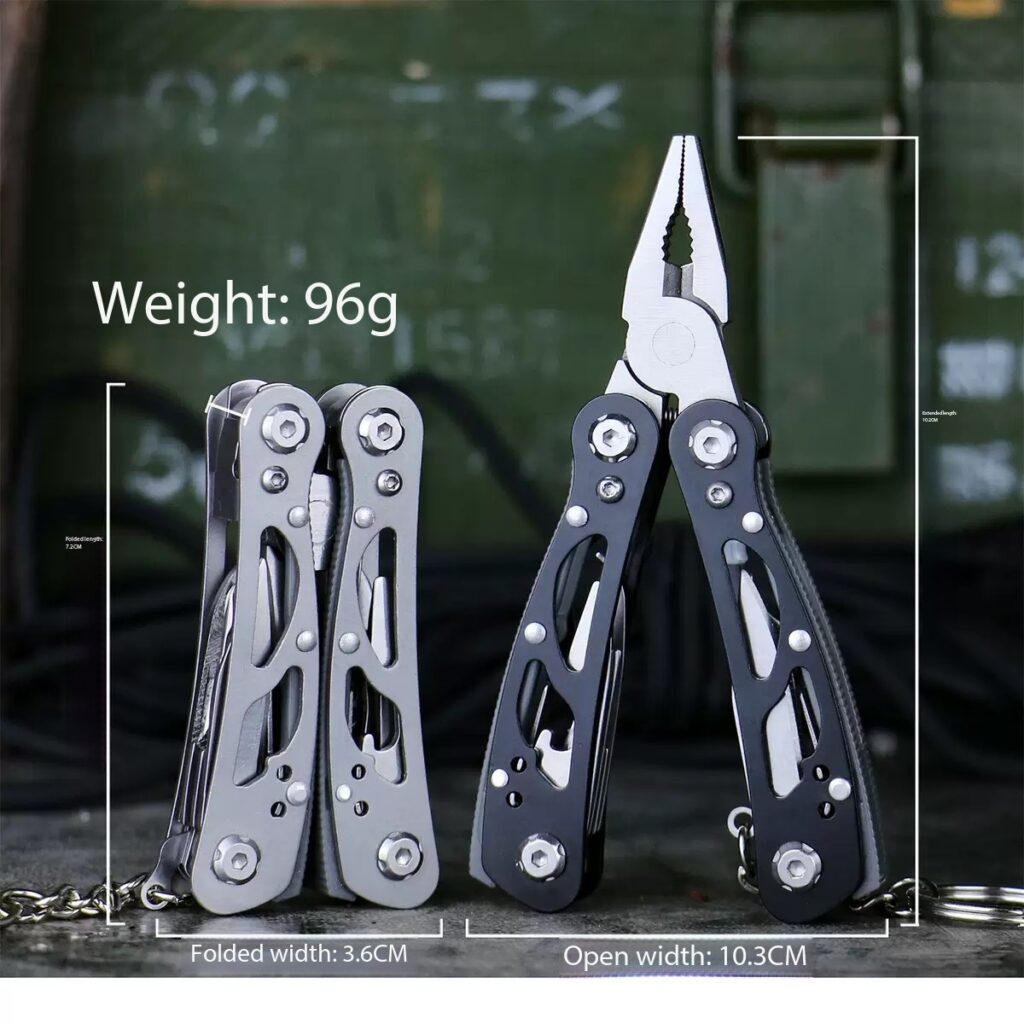 Compact folding tool keychain / Includes pliers / screwdriver / knife and other tools