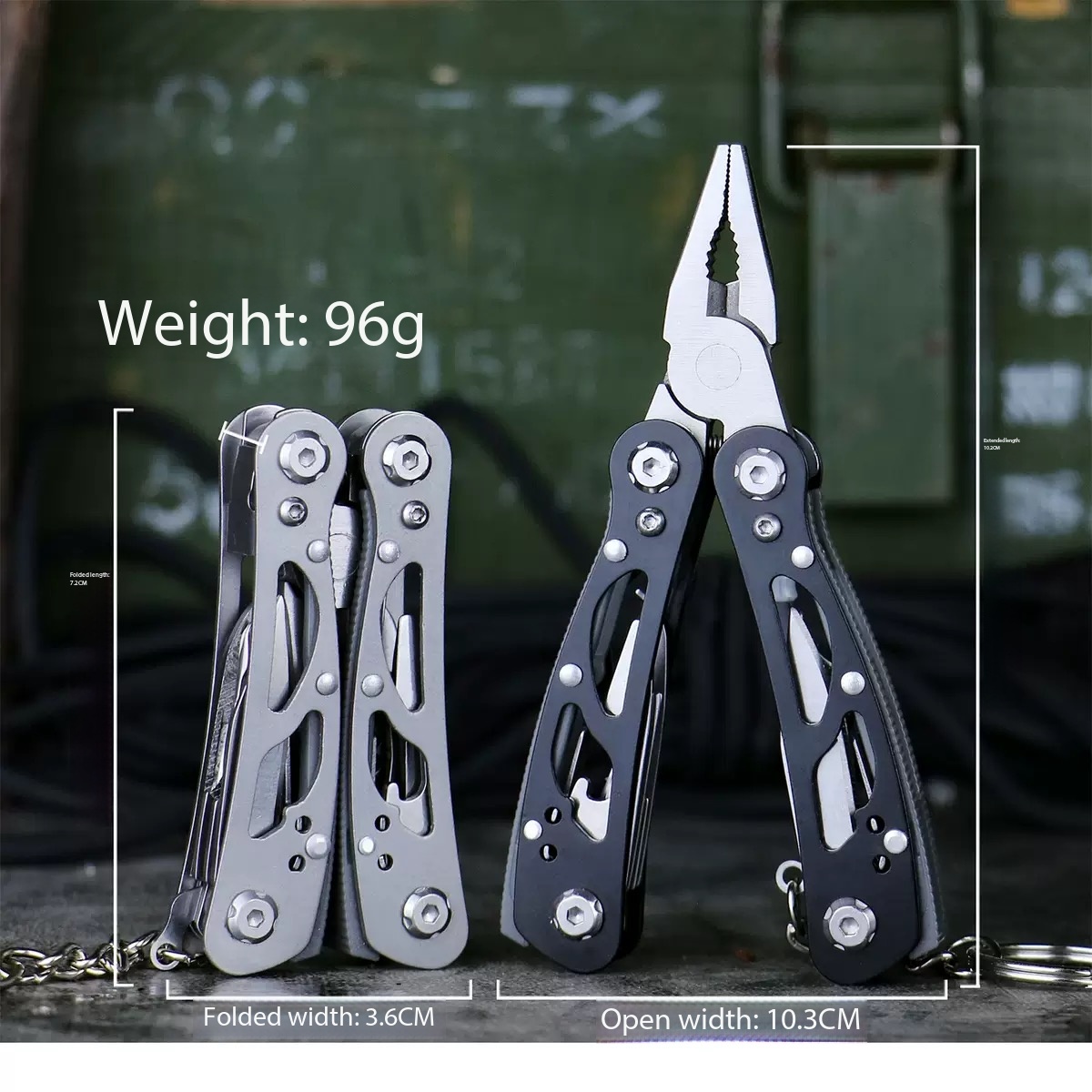 Compact folding tool keychain / Includes pliers / screwdriver / knife and other tools - Image 2