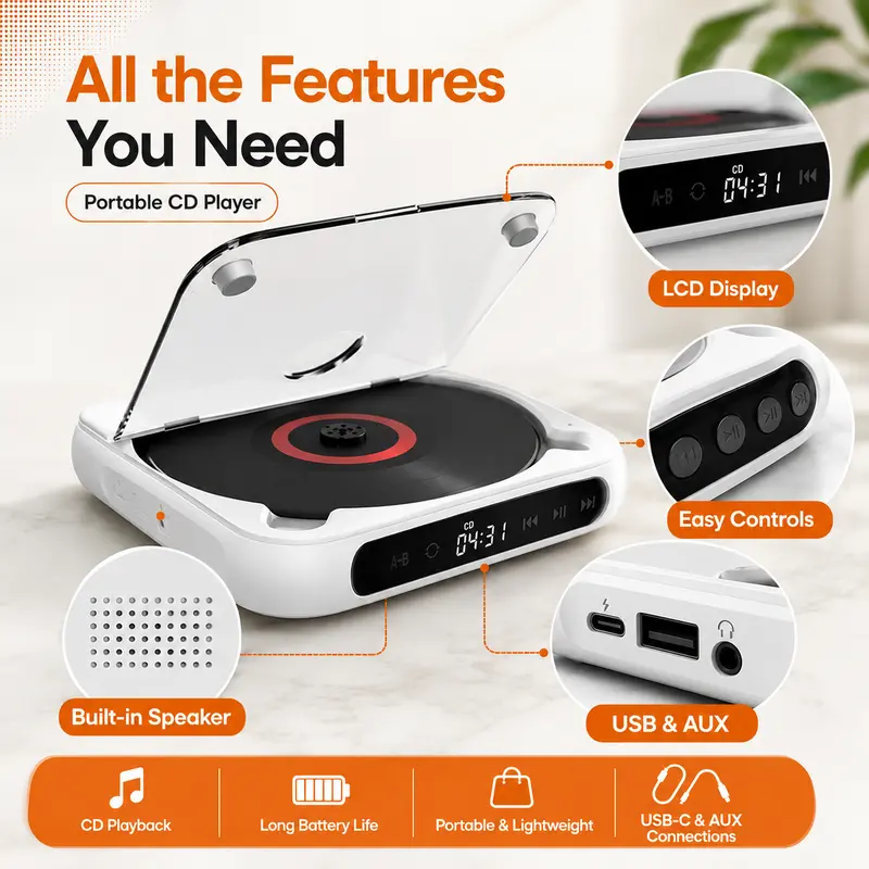 Combining practical interfaces, thoughtful protection features, responsive controls, and a refined portable structure, this rechargeable CD player is designed for people who appreciate both classic music and modern convenience. Every detail, from the USB expansion capability and touch operation to the dust-resistant transparent cover and portable HOLD lock, works together to create a more enjoyable and reliable listening experience. Whether you are rediscovering your favorite CD collection, enjoying personal music time with headphones, playing digital songs through USB, or taking your music with you on a journey, this device delivers a perfect balance of style, functionality, and everyday usability.