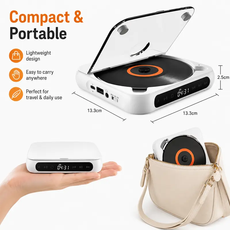 Unlike traditional CD players that often have a bulky body and fixed placement, this portable CD player is designed with a compact structure that fits naturally into modern lifestyles. With a slim body measuring approximately 13.3cm × 13.3cm × 2.5cm, the device achieves a perfect balance between functionality and portability. Its small footprint allows it to sit comfortably on desks, bedside tables, shelves, or small spaces without taking up unnecessary room. The thin profile not only creates a cleaner visual appearance but also makes it much easier to store and carry compared with traditional music players.