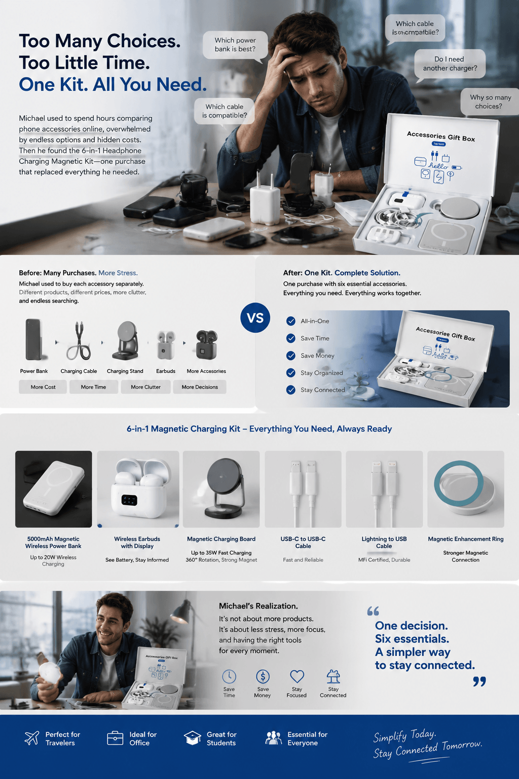 Supports up to 20W wireless magnetic charging for a 5000mAh magnetic charging pack, wireless Bluetooth headphones with screen display of remaining battery power, magnetic charging pad with maximum 35W charging power and strong magnetic attraction and 360-degree rotation functions, Type-C data cable, Lightning Apple data cable, and magnetic enhancement ring that enhances magnetic compatibility.