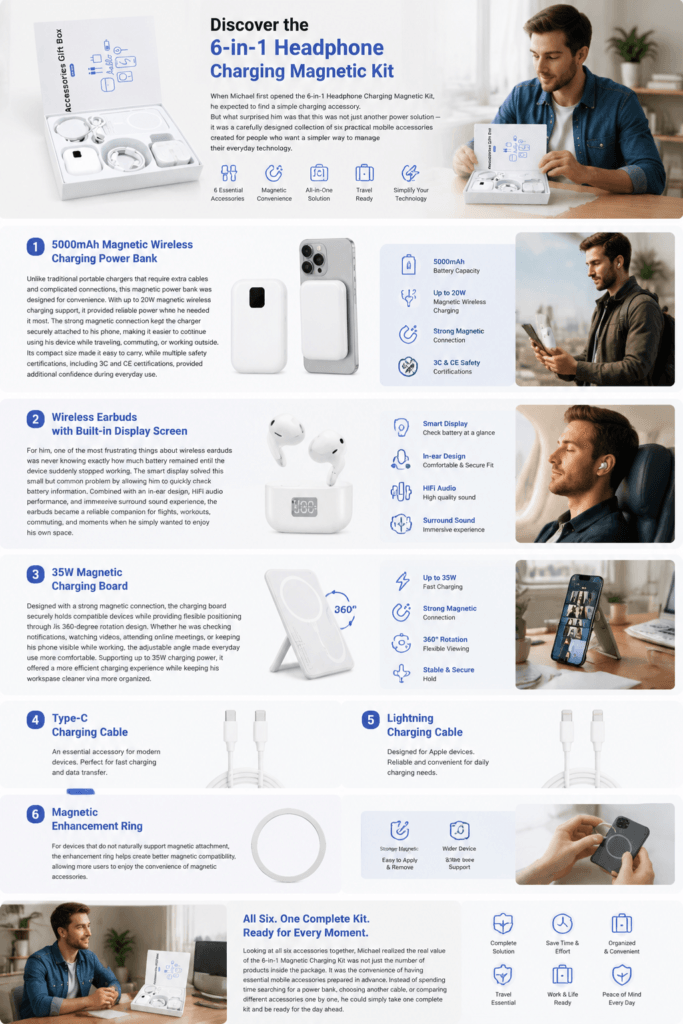 Which type of power bank should I buy? 7 A set of six practical accessories specially designed for modern mobile life, allowing users to manage their daily electronic devices in a simpler way.