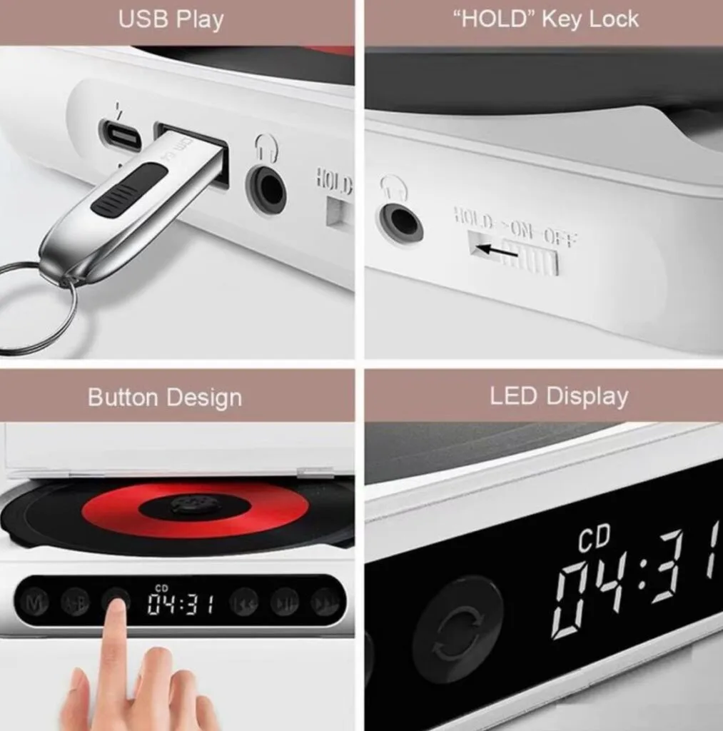 Portable CD player, with built-in display and speakers, supports AUX/USB/CD/CD-R/CD-RW/MP3/WMA formats