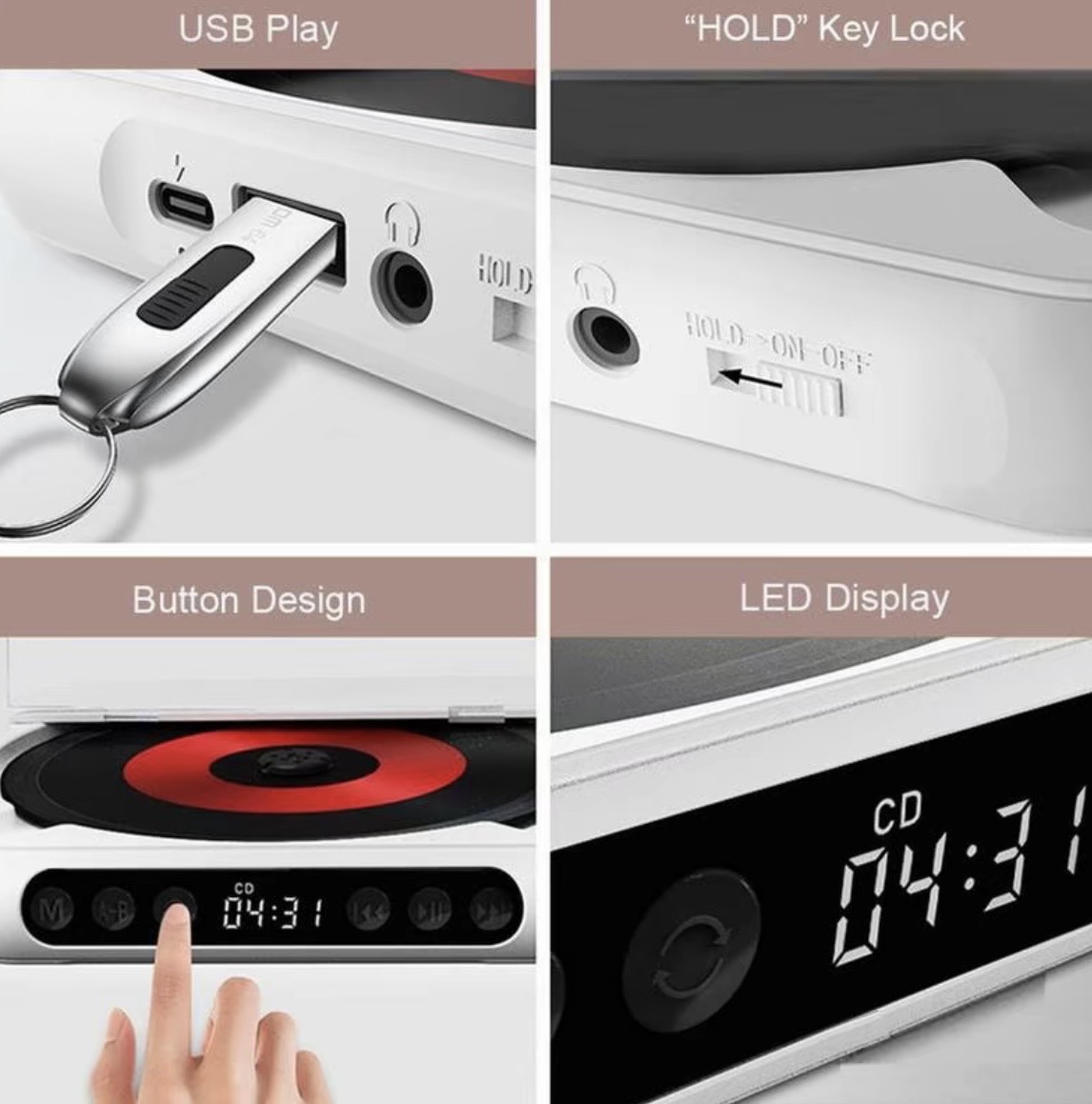 Portable CD player, with built-in display and speakers, supports AUX/USB/CD/CD-R/CD-RW/MP3/WMA formats - Image 7