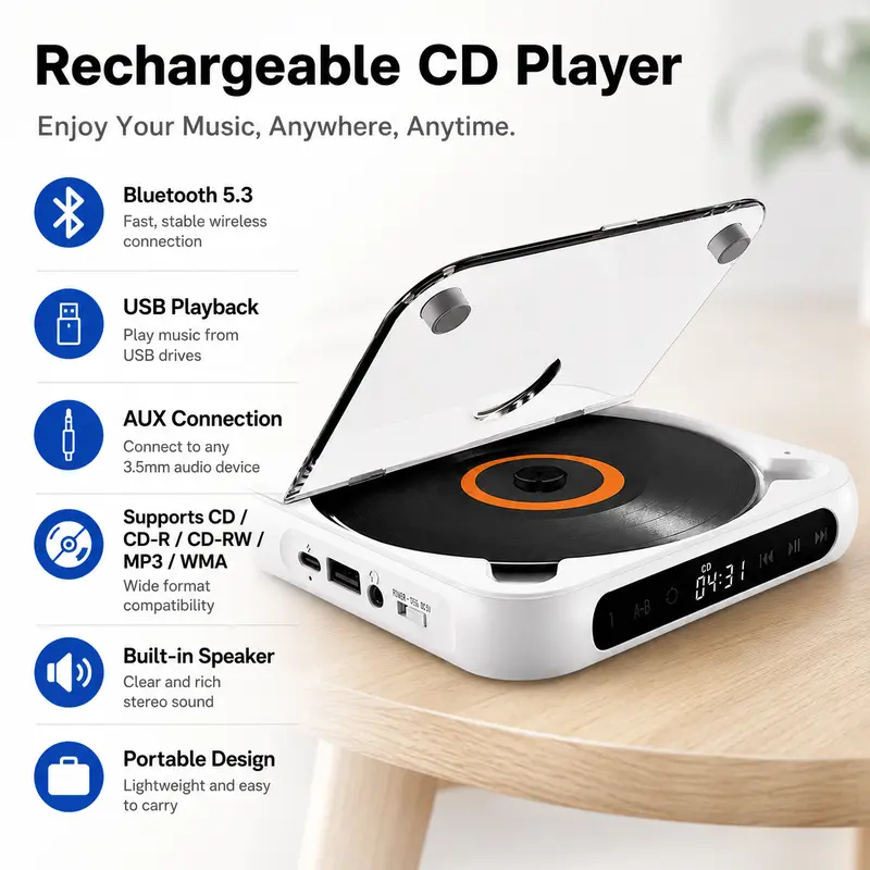 Rechargeable Portable CD Player – Bring Your Classic Music Collection Back to Life