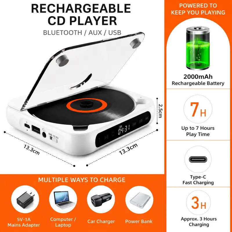The retro CD player has a battery life of 7 hours and a charging time of 3 hours. It features a long-lasting design.