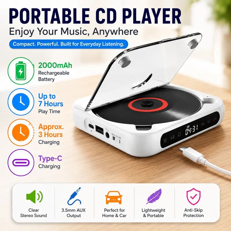 Battery life and charging time of the retro CD player