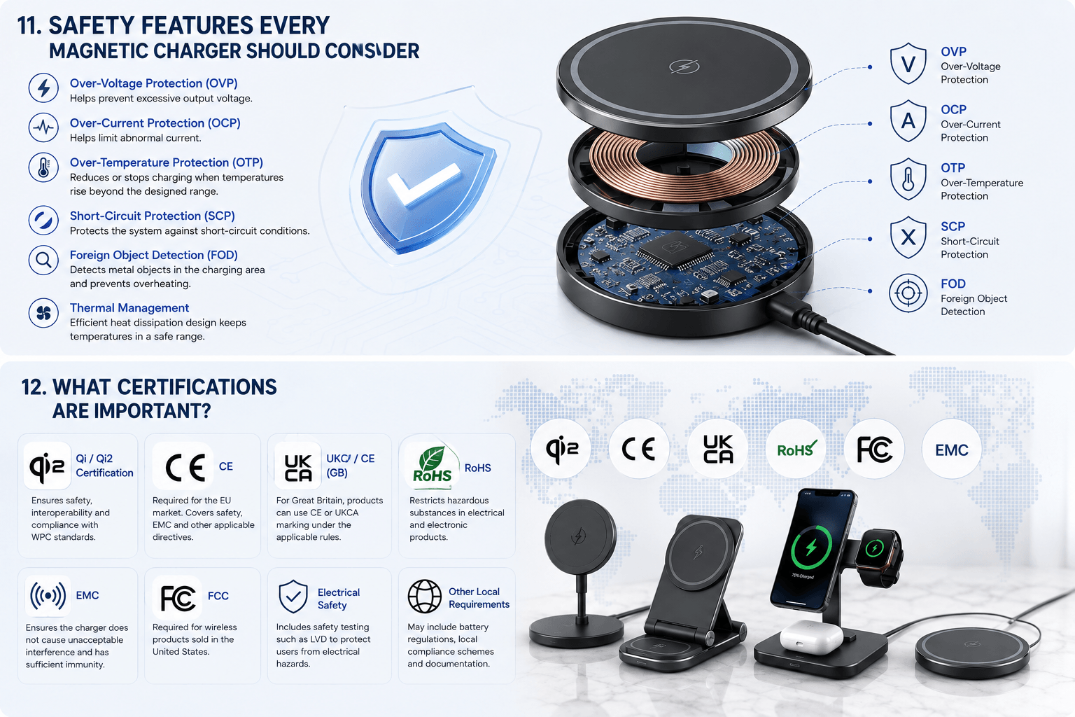 What does the CE 3C QI/QI2 ROHS FCC certification for the magnetic charger mean?