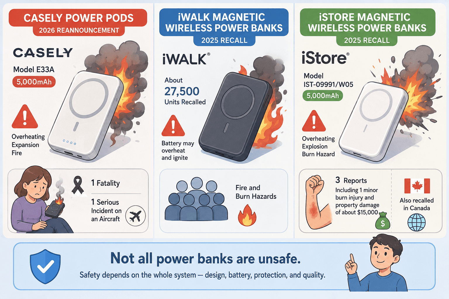 Recalls of charging batteries from major brands due to fires and explosions