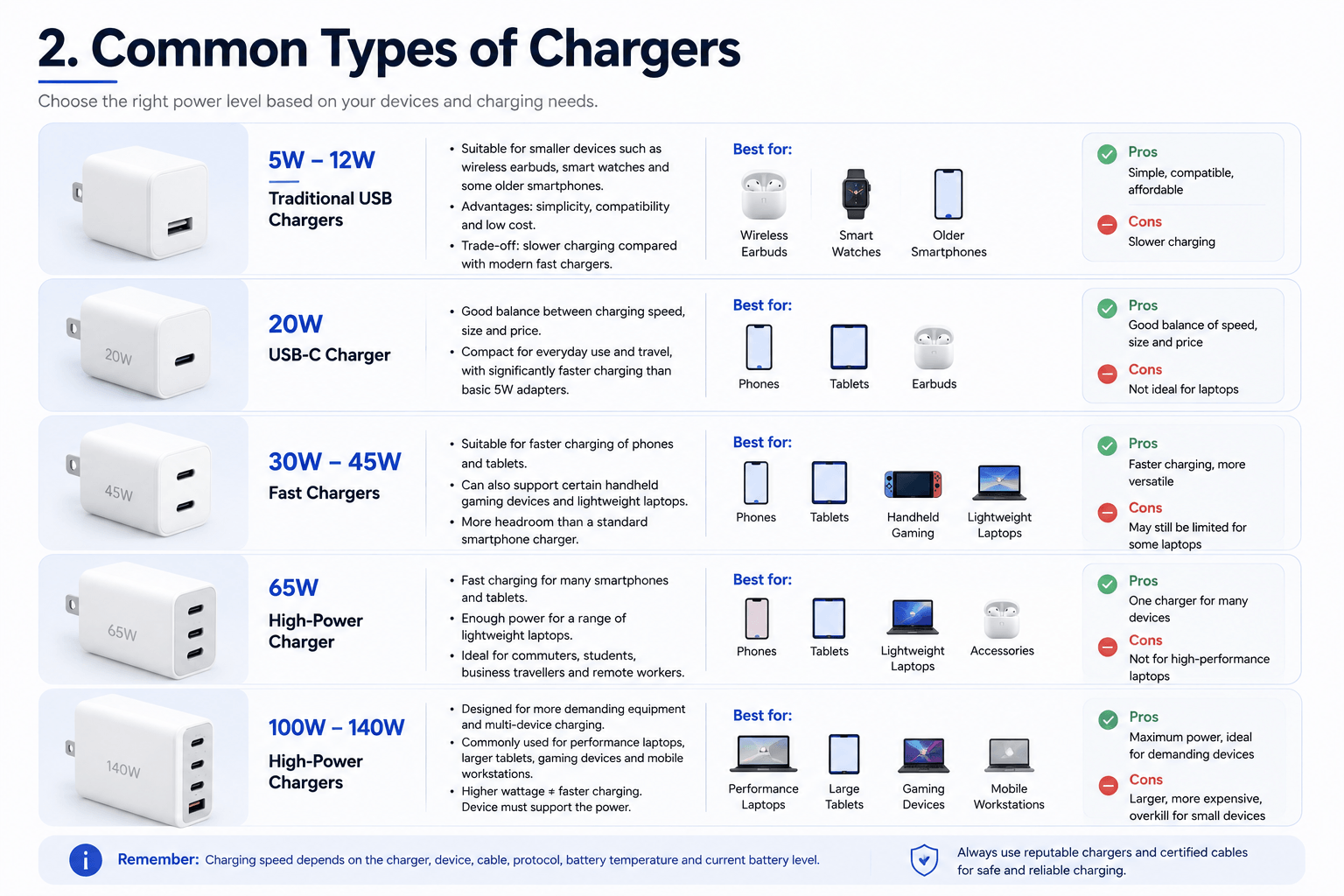 Common types of chargers and if paired with chargers of different power ratings, what laptop models are suitable? Which types of mobile phones are suitable?