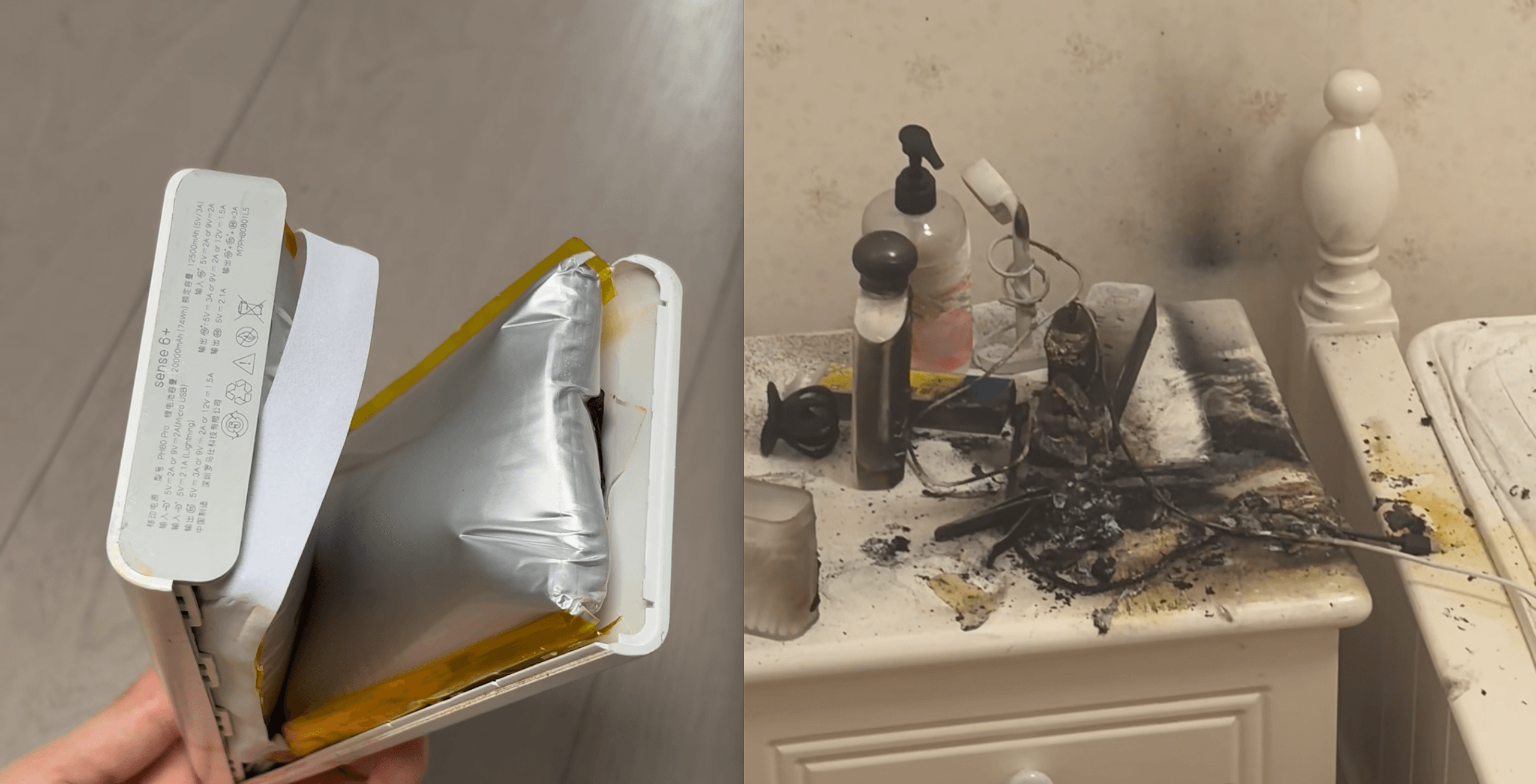 The power bank caught fire and exploded.