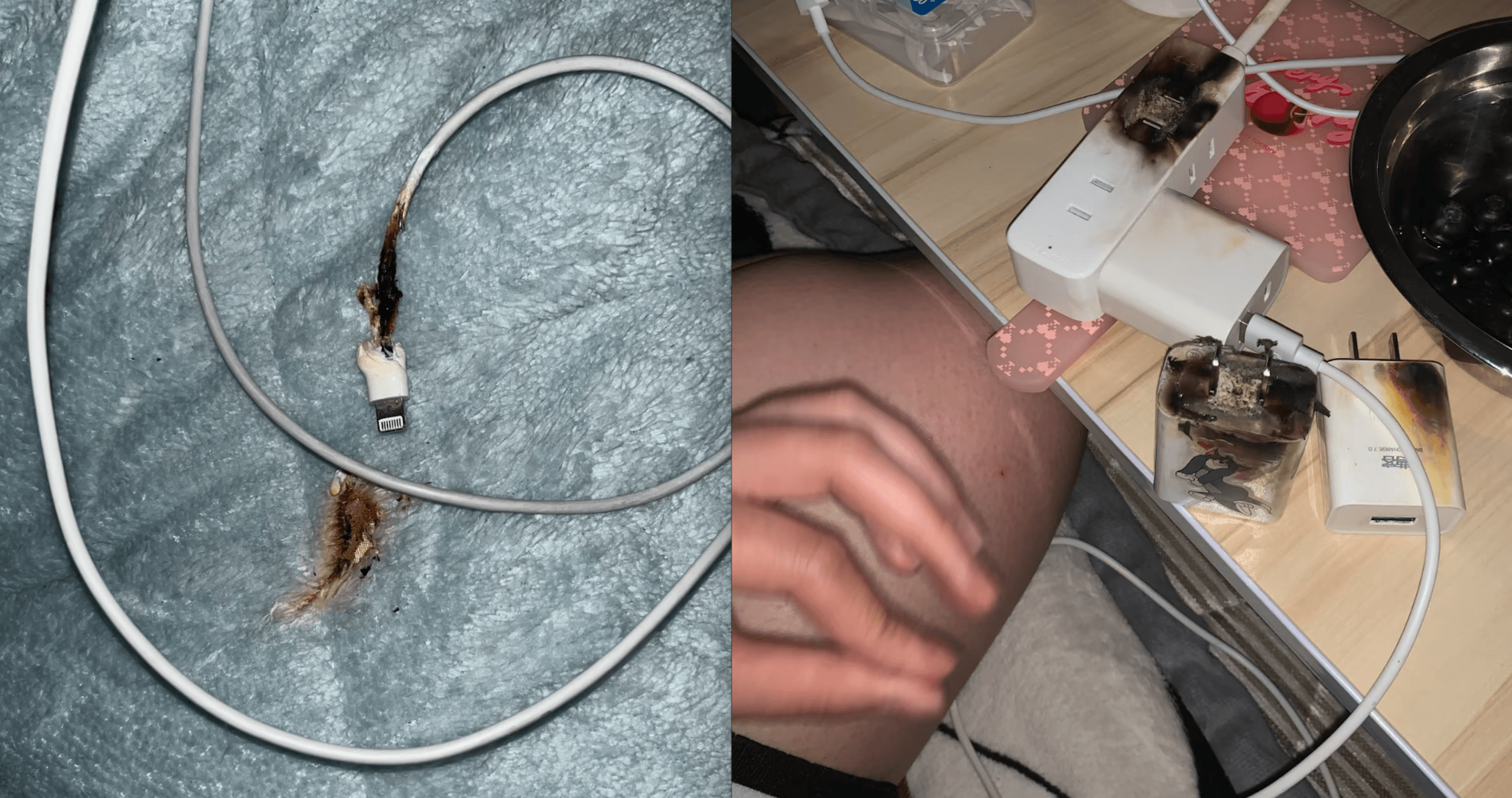Cases of chargers and data cables catching fire